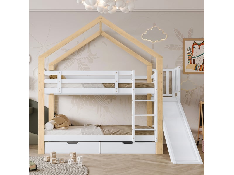 Lit superposé enfant 2x90x200 cm – blanc et naturel – toboggan, 2 tiroirs, échelle 3 marches - sans matelas - Conforama B