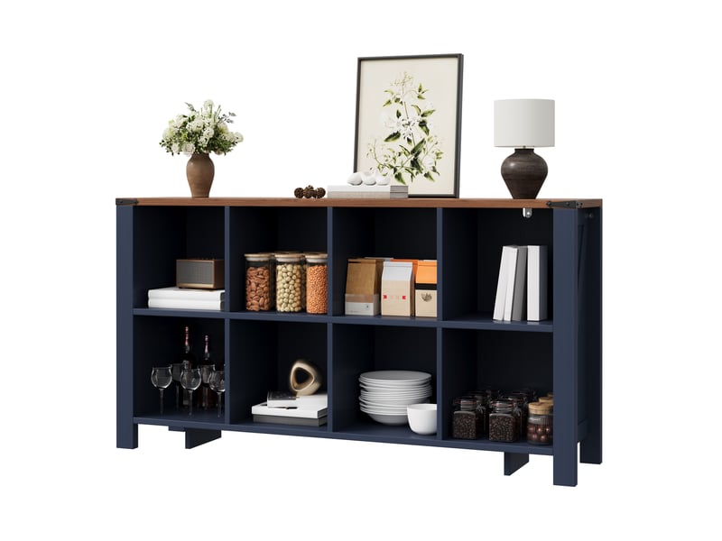 Buffet bas 140x34x75 cm, avec 8 niches ouvertes mdf, style moderne, meuble de rangement, pour la maison, coloris bleu - Conforama A