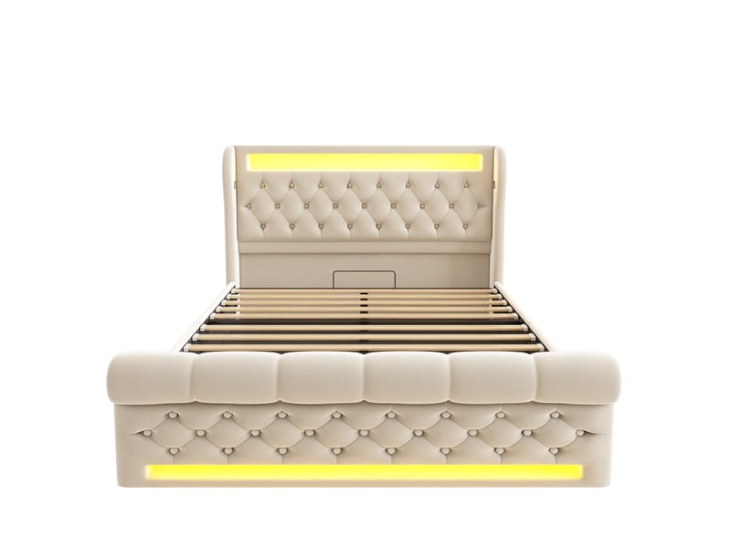  Lit double capitonné led avec coffre hydraulique velours beige 160x200 cm usb-c + matelas  - Conforama A
