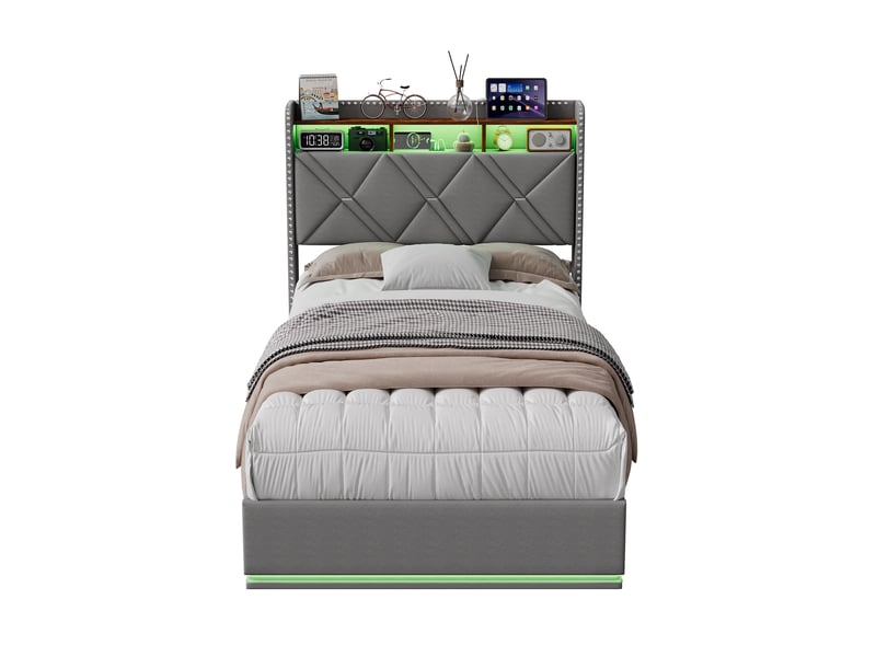  Lit coffre hydraulique 90 x 200 cm-gris foncé - lit simple rembourré en lin avec tête de lit de rangement, led et têtes de clous  - Conforama A