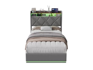 Lit coffre hydraulique 90 x 200 cm-gris foncé - lit simple rembourré en lin avec tête de lit de rangement, led et têtes de clous