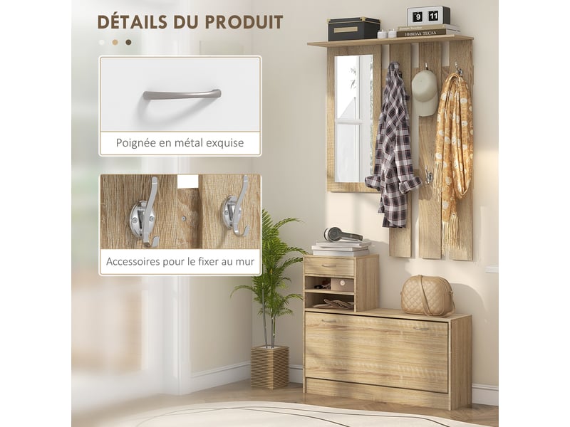  Meuble d'entrée vestiaire panneau porte-manteau, miroir et banc à chaussures - 6 crochets effet bois naturel 90x10x91cm  - Conforama E