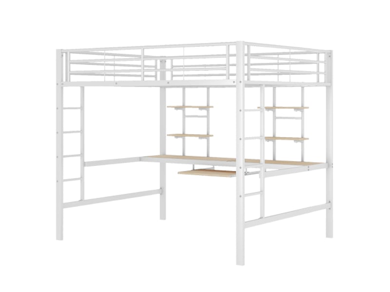  Lit mezzanine métal blanc 140x200 cm - bureau intégré, étagères et gain de place  - Conforama D
