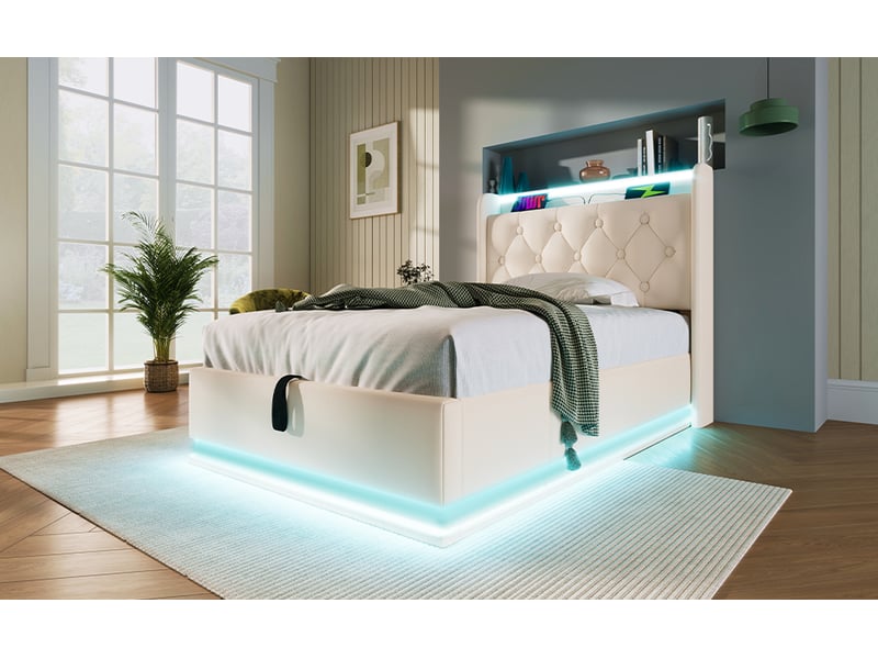 Lit coffre 90x200 cm - lit coffre capitonné simple avec rangement hydraulique et éclairage led, port usb type-c, similicuir blanc, matelas inclus - Conforama E