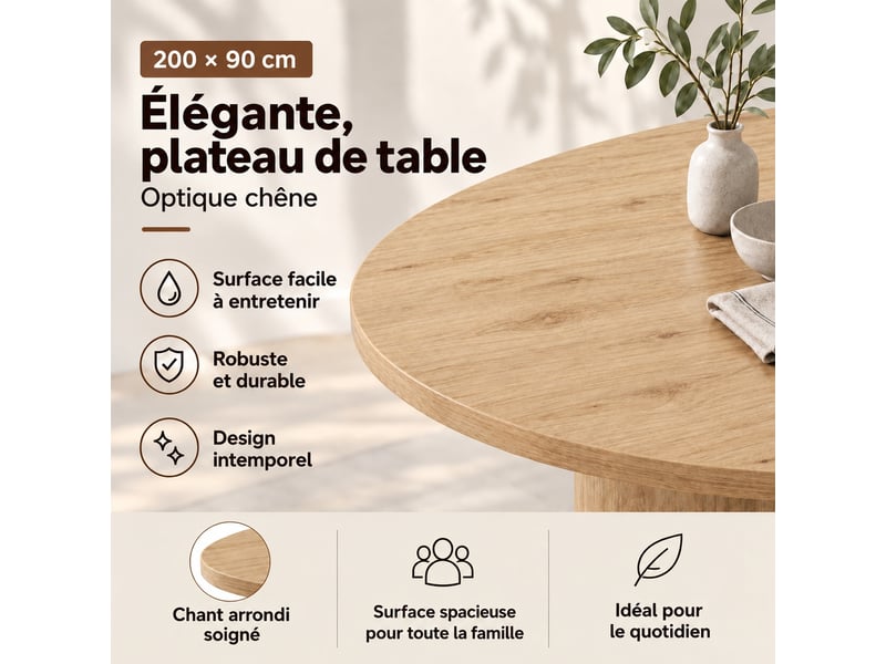 Table à manger 200 x 90 cm couleur chêne, pour 6 à 8 personnes, plateau ovale aux angles arrondis - Conforama E