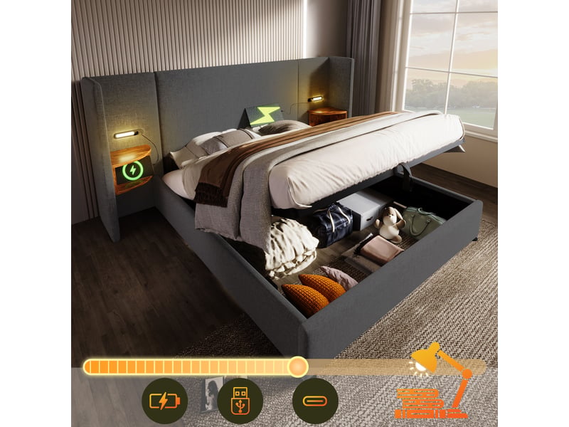  Lit coffre 160 x 200, rembourré gris en lin, lampe tactile, usb et type-c  - Conforama E
