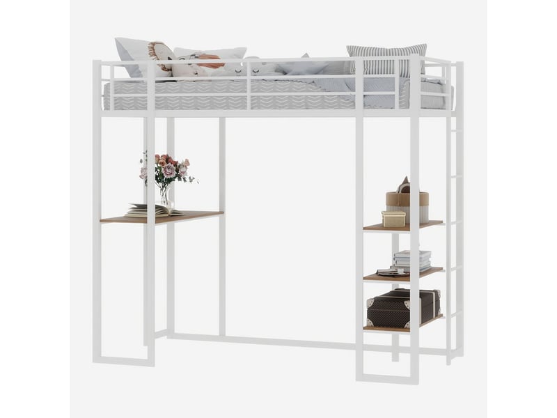  Lit mezzanine 90x190cm - avec bureau en l et étagères, échelles bilatérales - lit 1 place - place pour enfant et ado - blanc  - Conforama A
