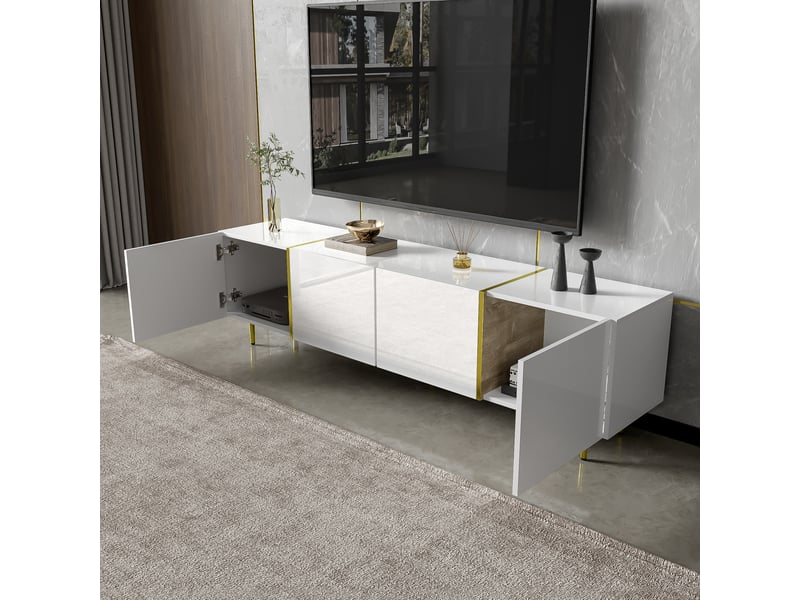  Meuble tv 170 cm blanc brillant - meuble bas 4 portes moderne, rangement élégant  - Conforama D