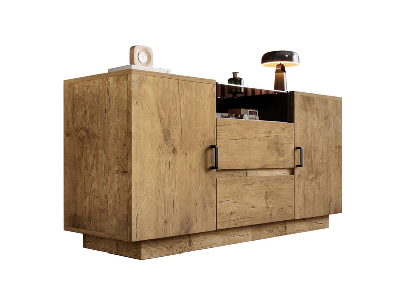  Buffet aspect chêne 140 cm, commode 2 tiroirs et 2 portes (sans matelas).  - Conforama A