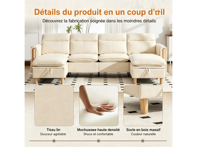  Canapé d'angle 3 places, avec 2 pouf de rangement, 261x77x86cm, beige  - Conforama D