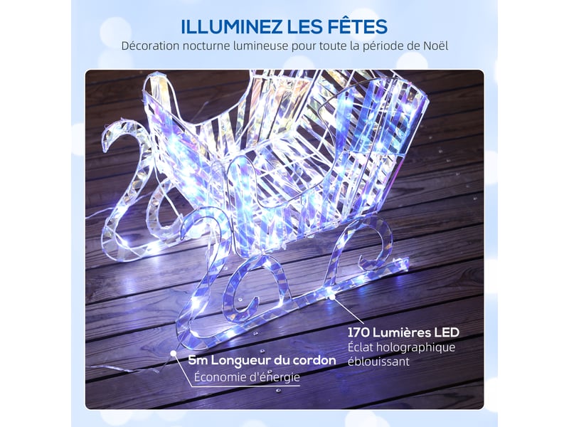  Renne et traîneau lumineux de noël avec 170 led blanc chaud, 60x29x115cm, décoration de noël pour intérieur et extérieur  - Conforama E