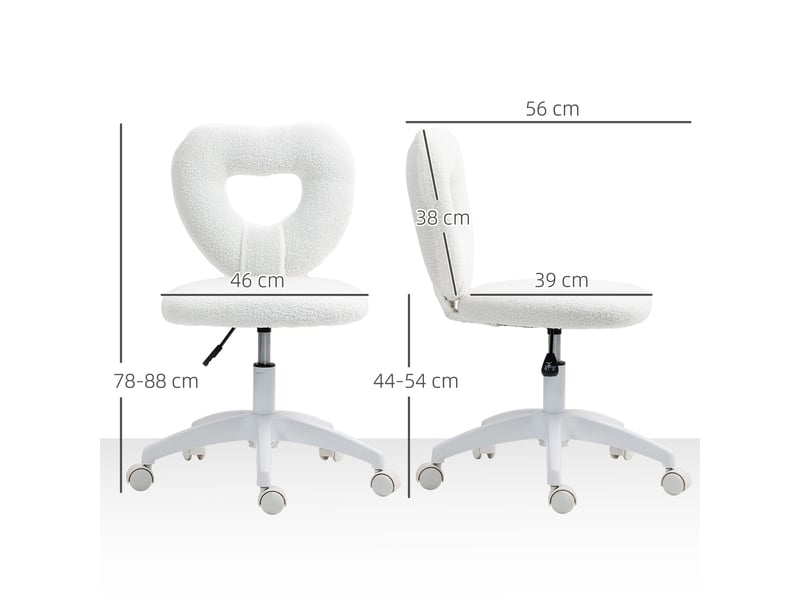  Chaise de bureau rembourrée avec dossier en forme de cœur et roulettes, en velours peluche et plastique, 45 x 56 x 78-88 cm, blanche  - Conforama E