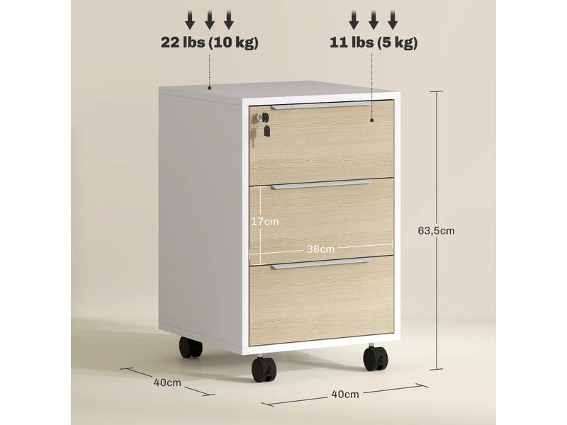  Classeur à roulettes, 3 tiroirs, serrure et 2 clés, idéal pour bureau ou salon, 40 x 40 x 63,5 cm, blanc et chêne.  - Conforama E