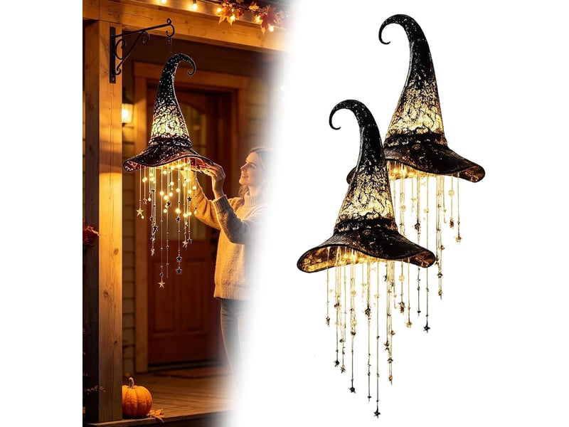  2 pièces décoration halloween suspendue, chapeau de sorcière lumineux led pour porche, entrée, jardin et terrasse, intérieur et extérieur  - Conforama A