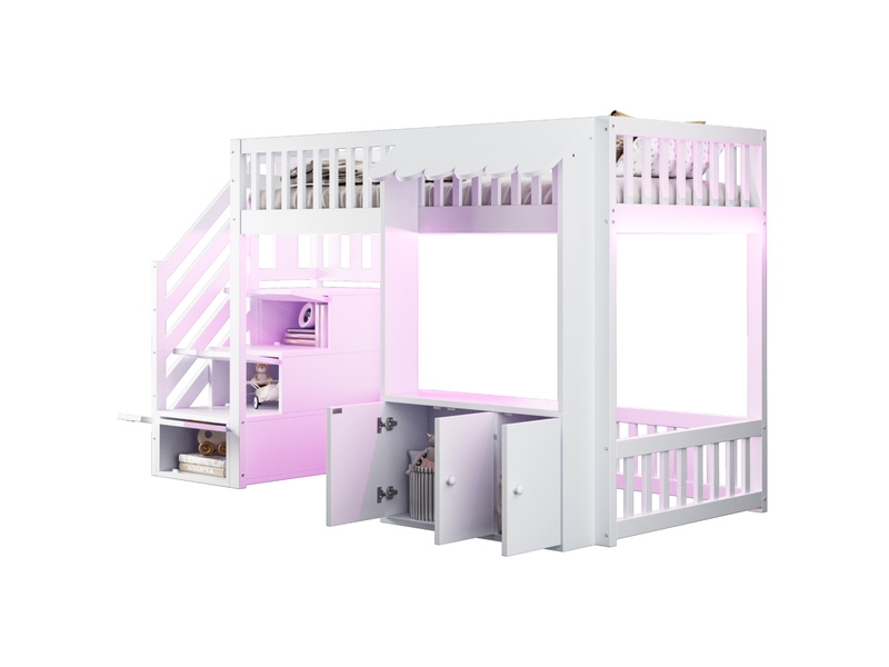 Lit mezzanine enfant 90x200 cm – blanc – escalier à 3 compartiments, led multicolore - sans matelas - Conforama A