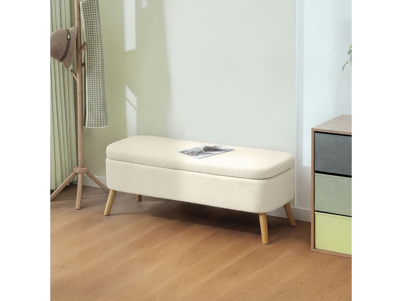  Banc de rangement beige avec couvercle et pieds en bois capacité 65 l charge maximale 220 kg dimensions 120 x 42 x 45 cm  - Conforama D