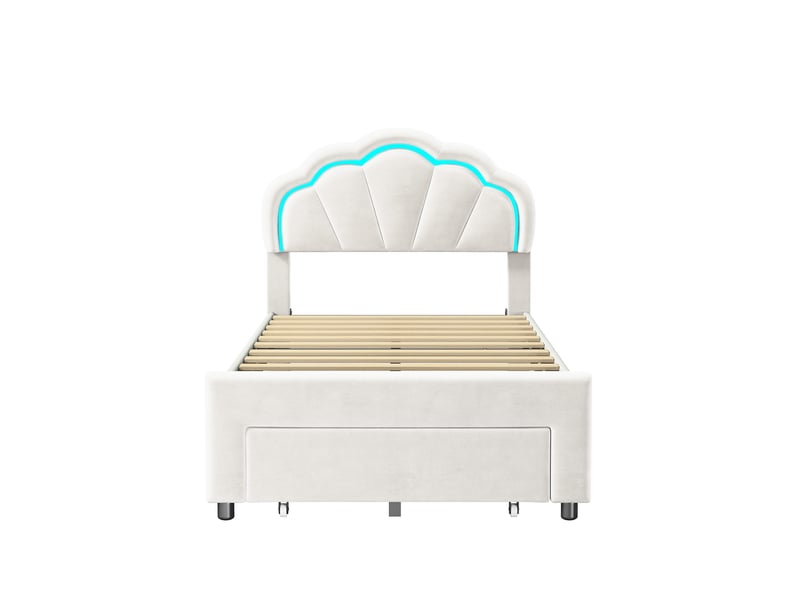 Lit simple 90x200, éclairage led et tiroir de rangement, lit enfant, tête de lit coquillage ajustable, velours, blanc - Conforama A