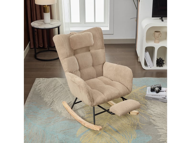  Fauteuil à bascule en velours côtelé, fauteuil relax avec repose-pieds intégré, dossier haut avec coussin de tête, chaise de lecture confortable, marron  - Conforama B