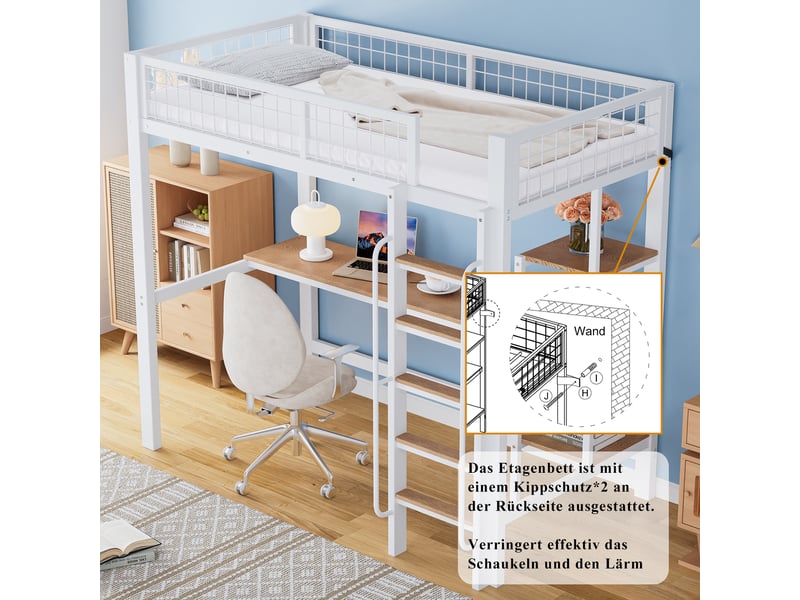  Lit mezzanine 90x200 cm avec bureau, étagères et échelle 5 marches, structure en métal et mdf, coloris blanc et naturel.  - Conforama E