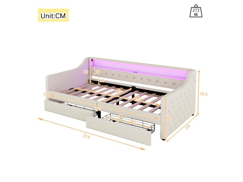  Modenvie lit banquette 90x200 cm - led avec telecommande, port usb et 2 tiroirs, sans matelas - beige  - Conforama C