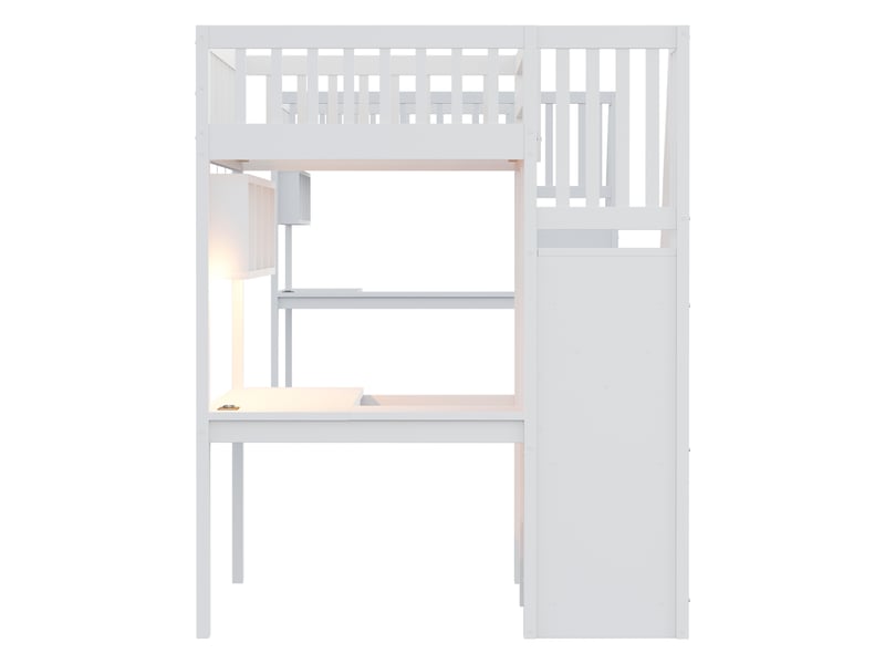  Lit mezzanine 90x200 cm avec bureau, escalier de rangement, led et prises, lit enfant bois massif blanc  - Conforama R