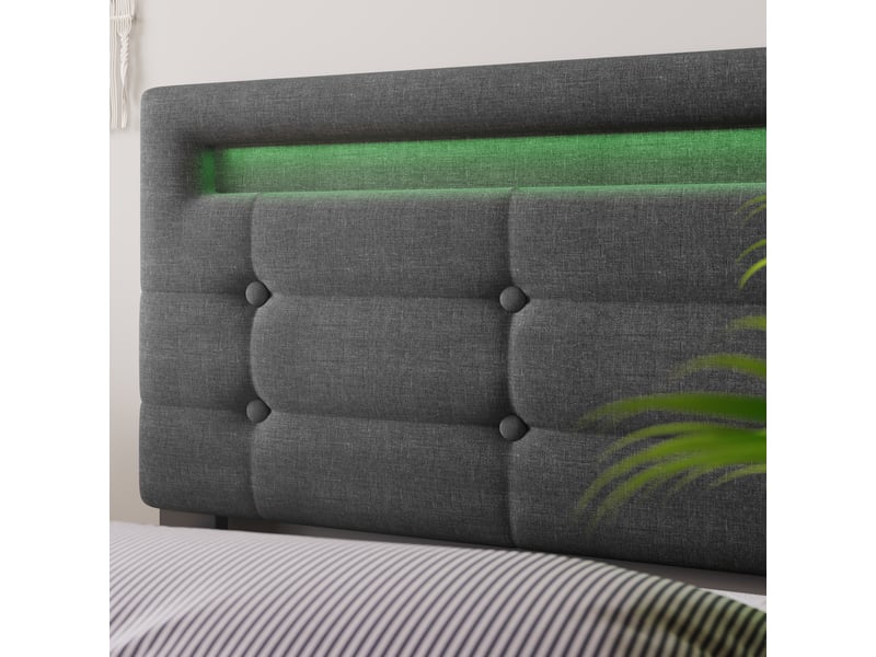  Lit avec tiroirs 1 place 90x200 cm en lin, 2 tiroirs, éclairage led et tête réglable, matelas inclus, gris  - Conforama E