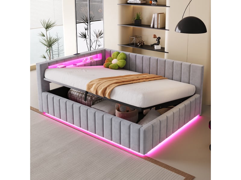  Litcanapé-lit capitonné 140x200, avec rangement hydraulique, éclairage led et port de chargement usb, avec dossier, tête de lit et cadre de lit robuste, tissu velours gris clair  - Conforama B