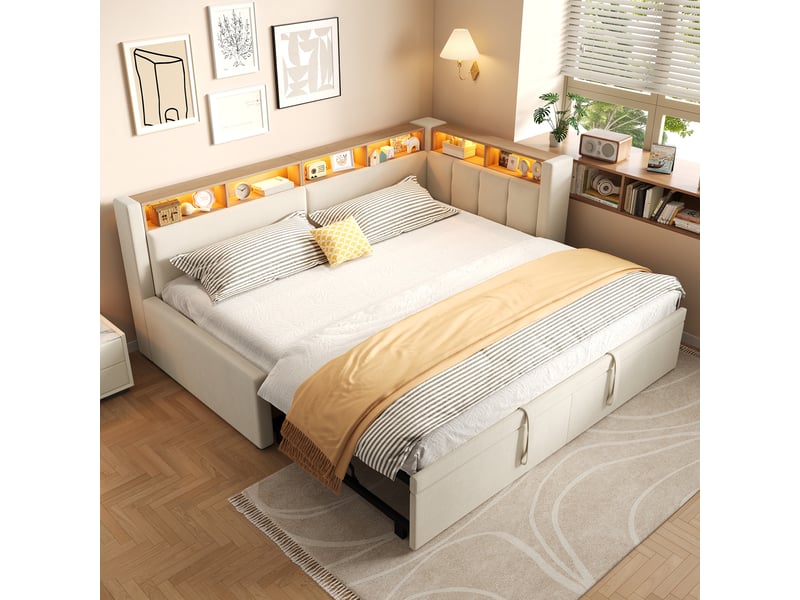  Canapé-lit 90 x 200 cm 180 x 200 cm – avec lit gigogne – avec éclairage led – revêtement en lin – beige (matelas non inclus)  - Conforama E