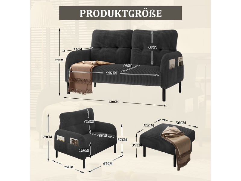 Ensemble canapé fauteuil pouf 2 places velours côtelé gris poche latérale structure acier modulaire - Conforama C