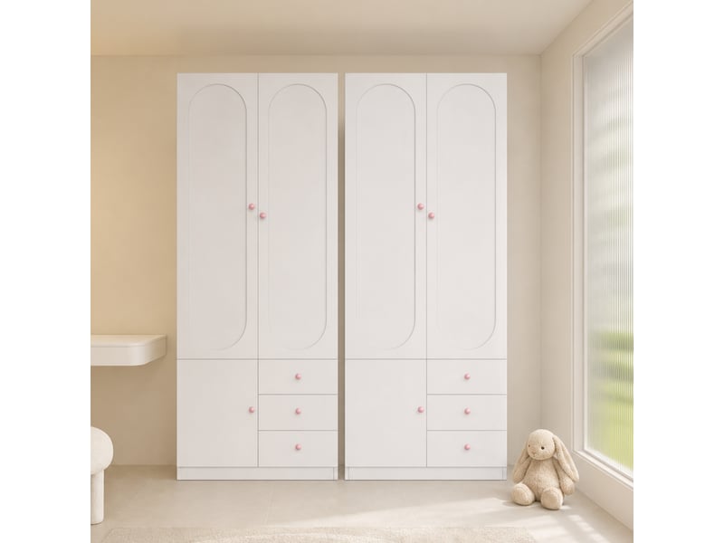  Lot de 2 armoires enfant - 80x50x200 cm - armoires avec 2 portes et 3 tiroirs, penderie et poignées en céramique - blanc  - Conforama B