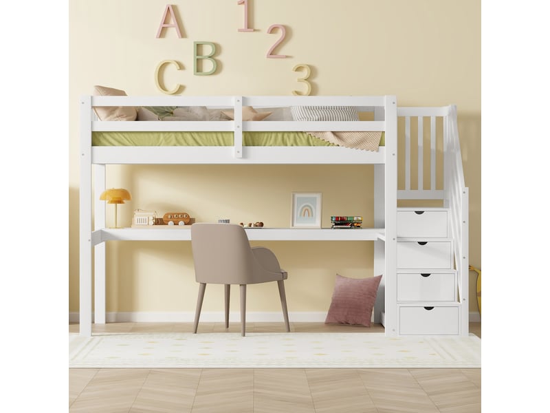  Lit mezzanine enfant 90 x 200 cm blanc avec rangements et bureau  - Conforama C