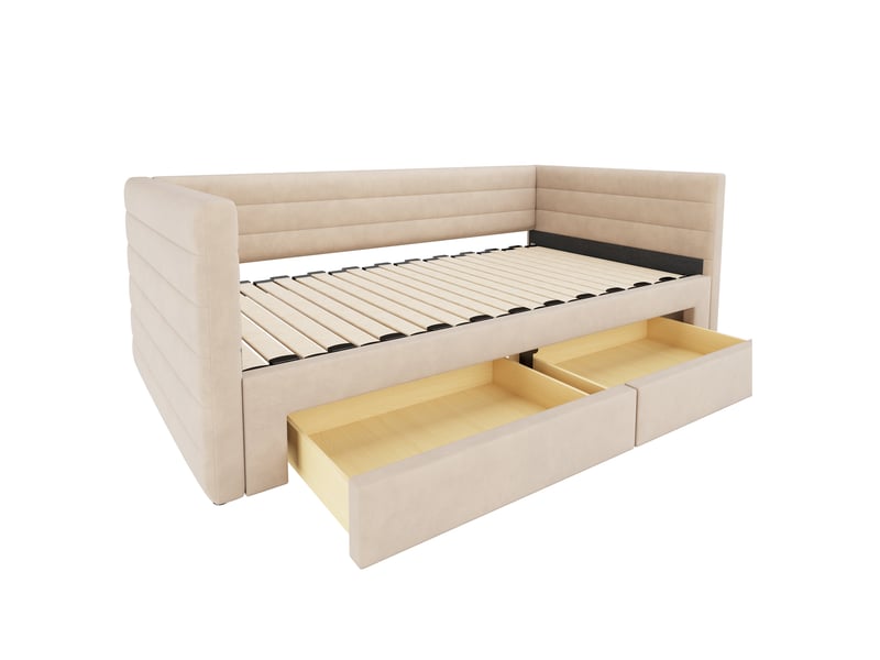  Canapé-lit convertible 3-en-1 90/180x190 cm avec 2 tiroirs, tissu coton-lin beige, sans matelas  - Conforama D