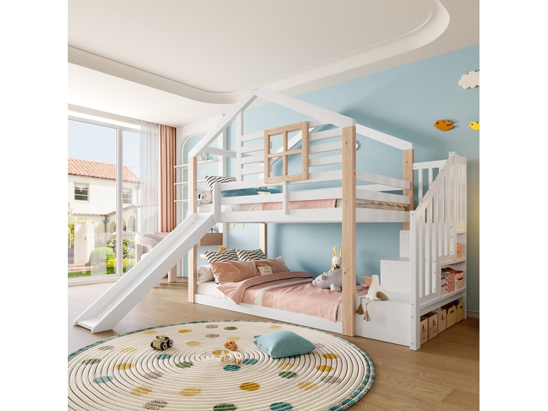  Lit superposé enfant 90 x 200 cm blanc et bois avec toboggan et escalier de rangement  - Conforama D