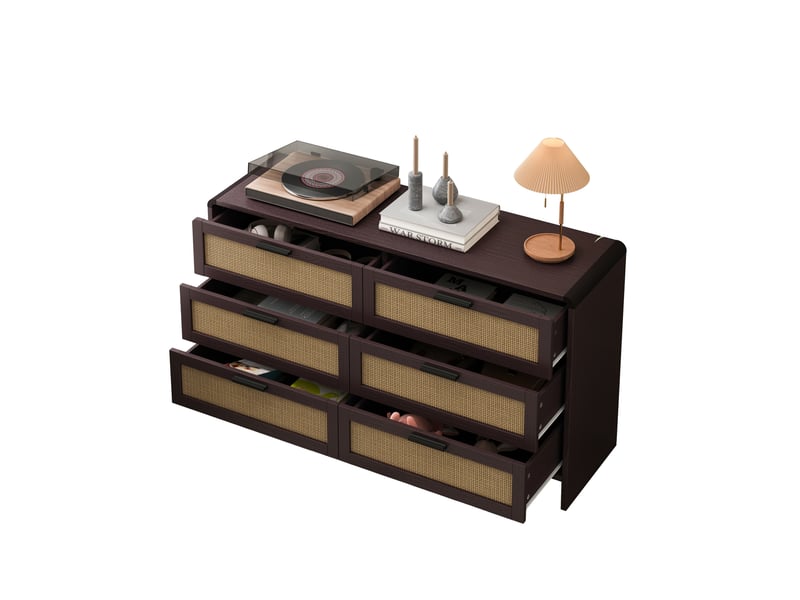  Meuble de rangement 130x40x74 cm, 6 tiroirs, buffet, armoire de rangement, commode, coins arrondis,en mdf, marron  - Conforama A