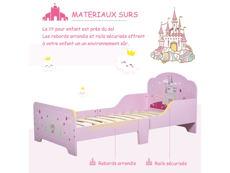  Lit enfant 140 x 70 cm - lit d'enfant design princesse motif château - mdf contre-plaqué rose - sommier à lattes inclus  - Conforama E