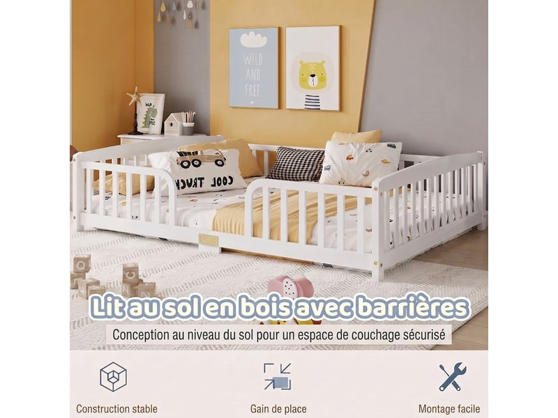  Lit au sol enfant 140x200 cm avec barrière de sécurité - lit montessori blanc en bois de pin  - Conforama R