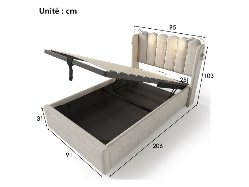 Lit coffre 90x200 cm - lit simple capitonné avec charge usb et lampe led - lin - sans matelas - beige  - Conforama C