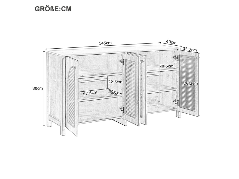  Buffet moderne noir avec 4 portes en rotin synthétique, meuble de rangement pour salle à manger et salon, 145 cm  - Conforama E