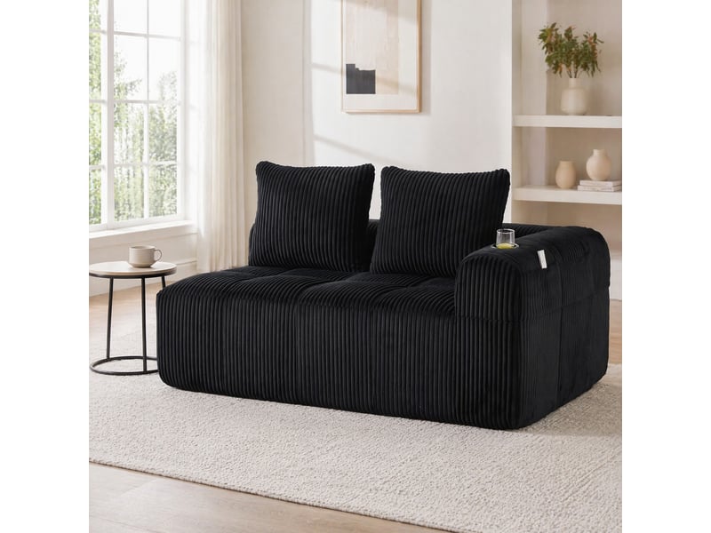  Canapé 2 places compact 158x93x61 cm, velours côtelé noir, poches latérales, porte-gobelets incorporés, rembourrage épais  - Conforama B