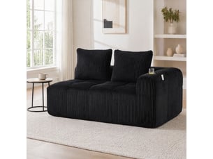 Canapé 2 places compact 158x93x61 cm, velours côtelé noir, poches latérales, porte-gobelets incorporés, rembourrage épais