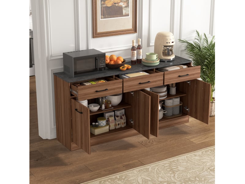  Buffet bas de cuisine en mdf effet noyer – 3 tiroirs et étagères réglables – 160 x 37 x 76,5 cm  - Conforama C