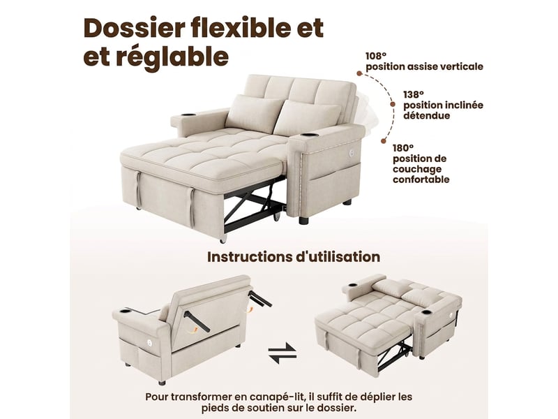  Canapé 2 places convertible avec éclairage led, dossier réglable 3 positions, beige  - Conforama D