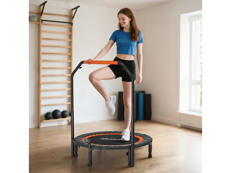  Trampoline de fitness gymnastique avec poignée réglable, pliable, 6 pieds, 28 ressorts ø 102 cm, noir rouge  - Conforama B