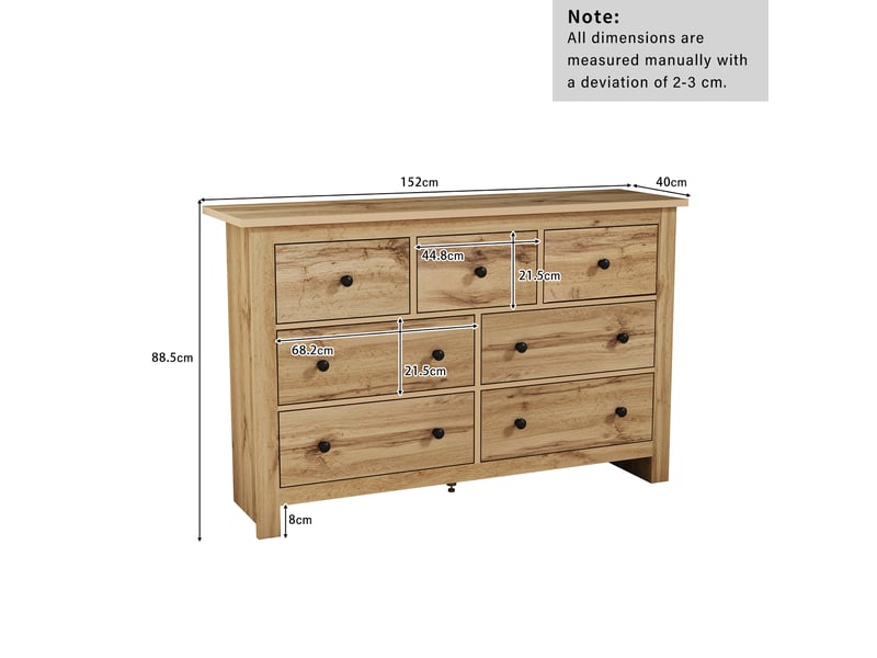  Commode 152x40x88,5 cm avec 7 tiroirs, grande capacité coulisses silencieuses panneau de particules, naturel  - Conforama C