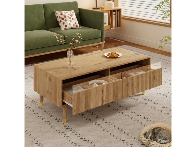  Table basse led moderne, plateau ondulé, pieds dorés effet bois, 2 tiroirs, éclairage led multicolore  - Conforama B