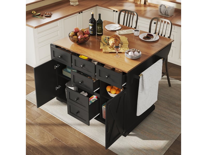  Desserte cuisine, îlot central sur roulettes avec plan de travail, plateau extensible, dimensions 147 x 44 x 93 cm, mdf, noir  - Conforama D