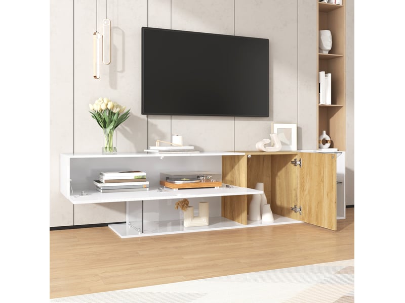  Meuble tv 180x38x48cm avec 2 portes, couleur naturelle et blanche, aspect veines de bois, panneau de particules  - Conforama D
