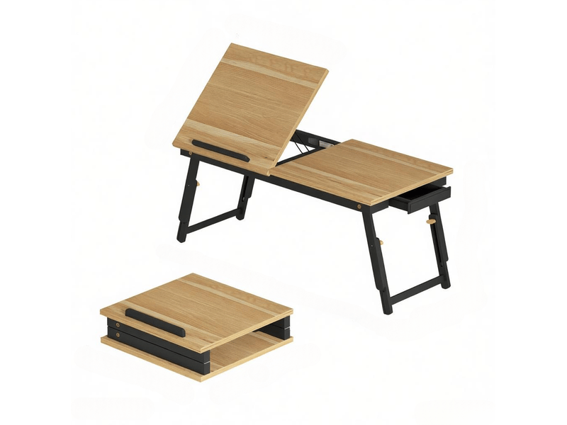  Table pour ordinateur portable pliable avec hauteur et inclinaison réglables, tiroir latéral, noir et chêne  - Conforama A