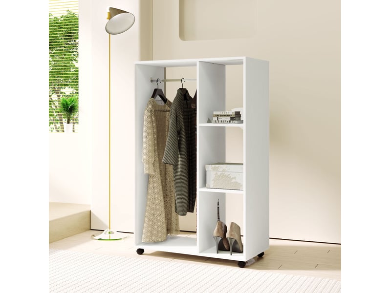  Armoire ouverte à roulettes 80x40x128 cm avec tringle et 3 étagères en panneau de particules blanc  - Conforama C