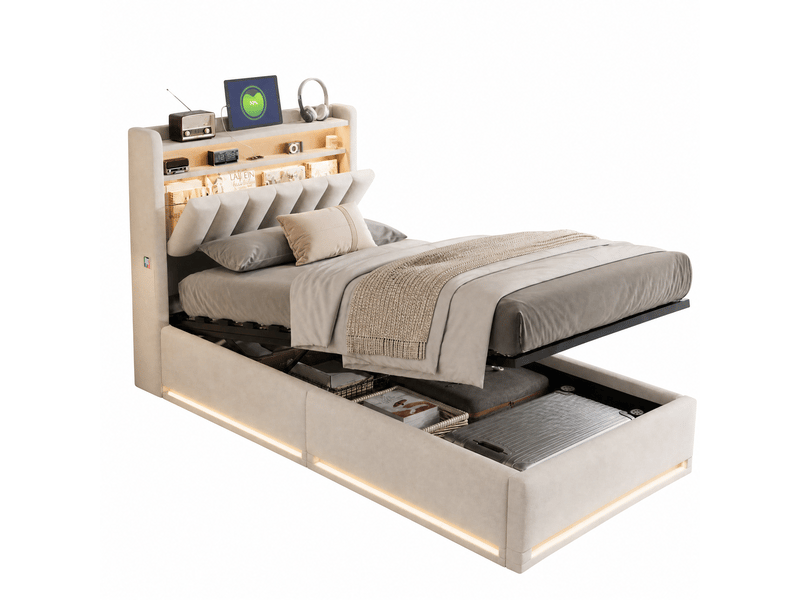  Lit rembourré 90 x 200 cm avec rangement, lit double avec éclairage led et port usb, lit hydraulique avec tête de lit et sommier à lattes, lit pour adolescent, velours, beige 251110WXL0101#ADXBfHWMXoDELLM - Conforama A